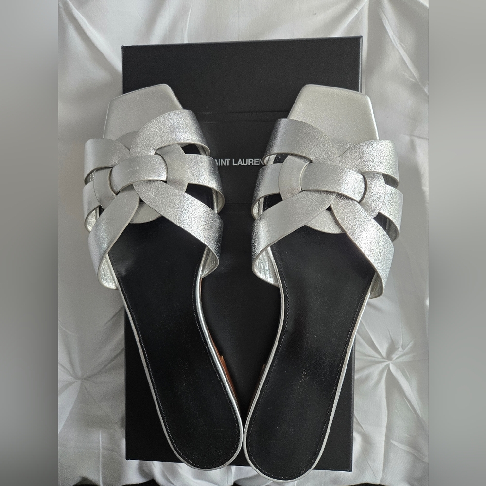 Saint Laurent Women's Nu Pieds Leather Sandals Metallic Mule - Size 41 (11)